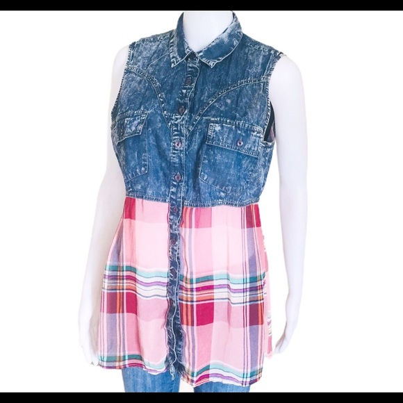 WAREHOUSE ONE Mixed Media Denim Button Down Shirt With Plaid Blue/Pink Sz Medium - Picture 3 of 11